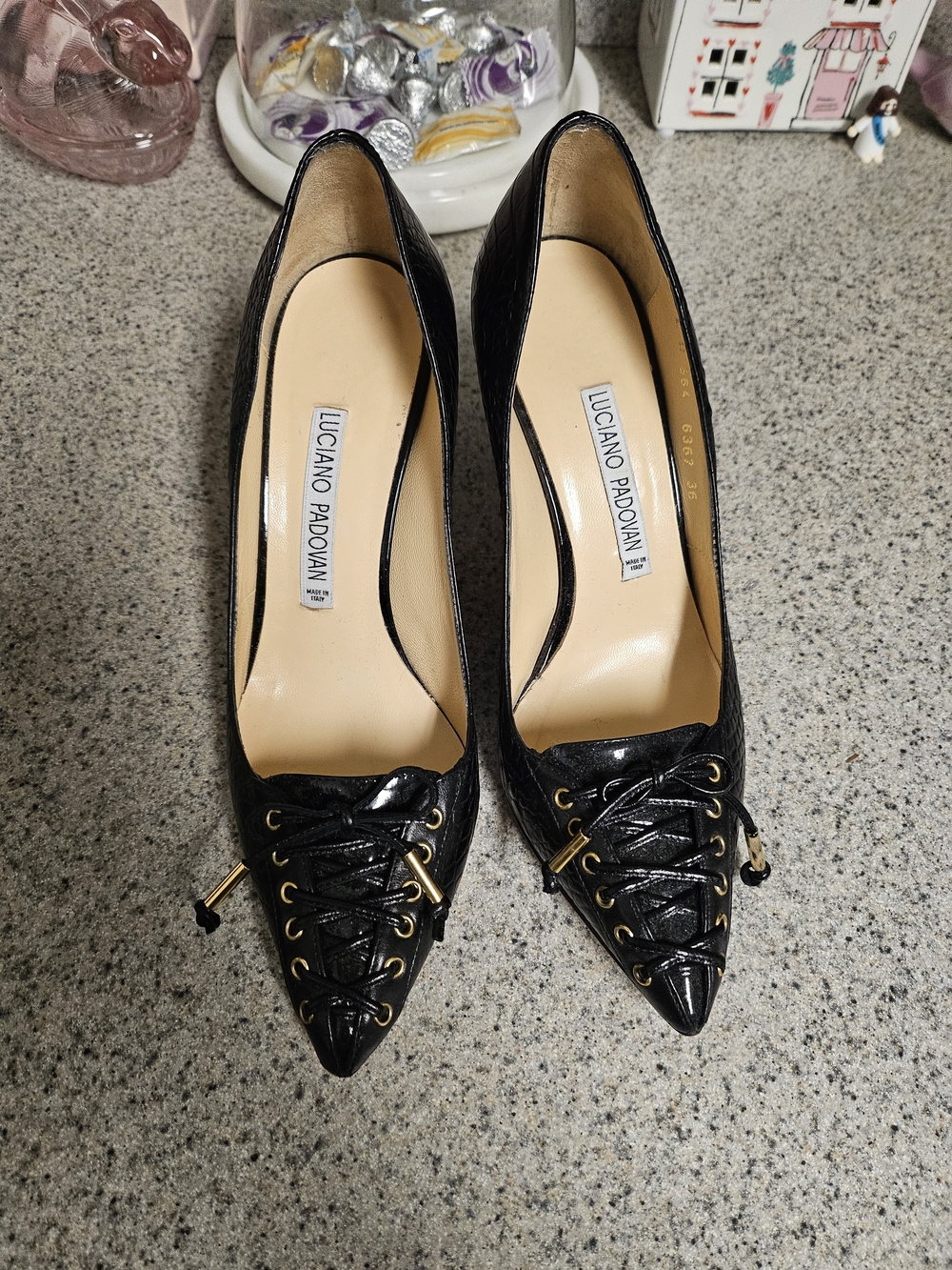 Black Pointed Lace-Up Heels with Gold Accents